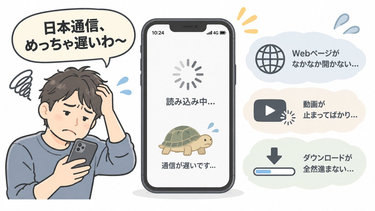 日本通信の通信速度が遅くて困っている様子、亀のアイコンで読み込みの遅さを表現した図解