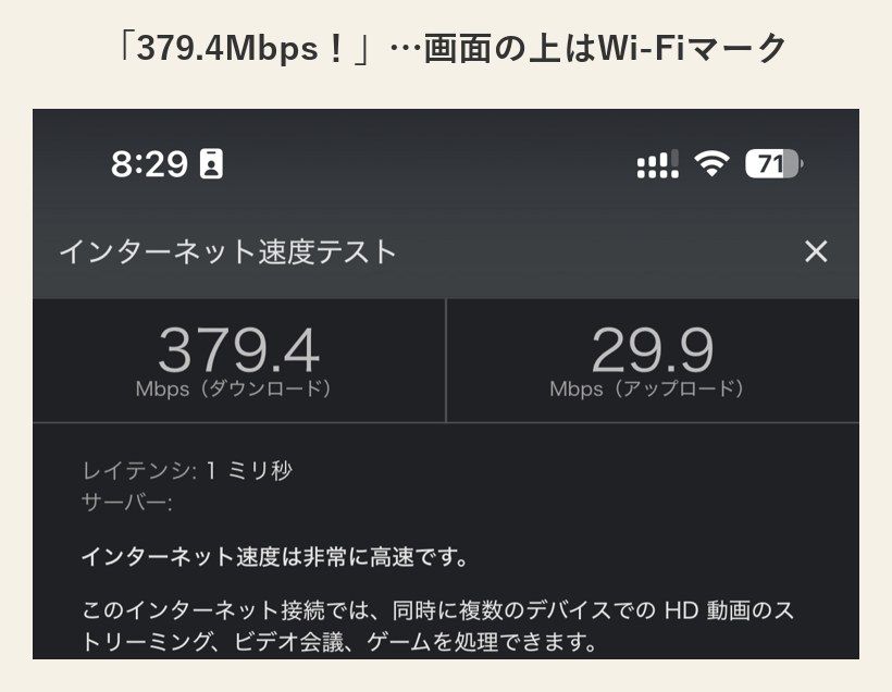 Wi-Fiにつながったまま測って379.4Mbpsが出た画面